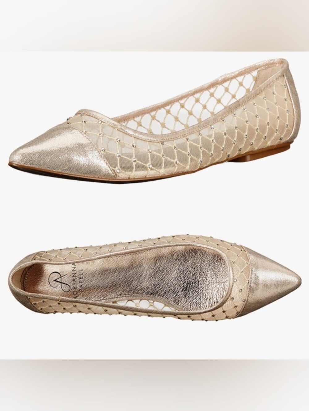 Adrianna Papell Jewel Metallic Gold Crystal Mesh Flats | Size 6